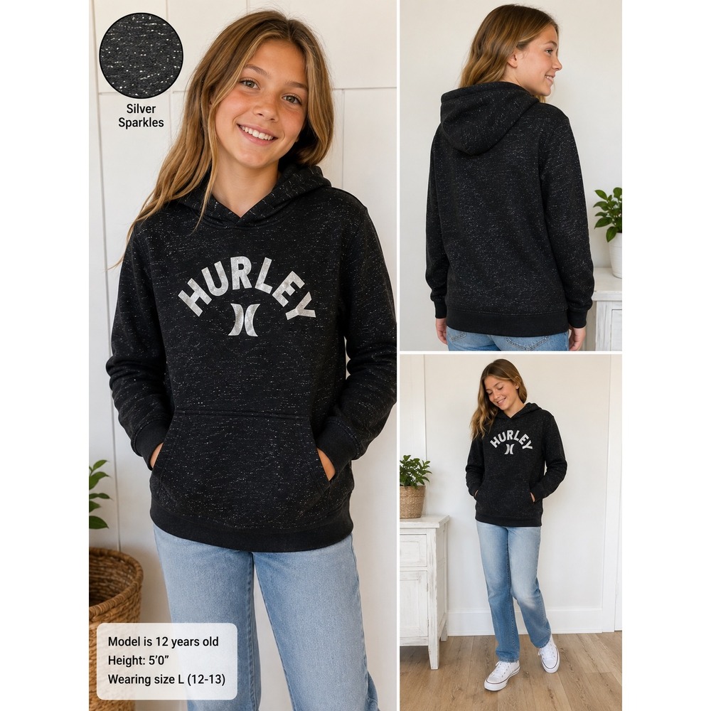 Hurley Girls Black Silver Sparkle Sherpa Lined Hoodie Sweatshirt Size L 12-13